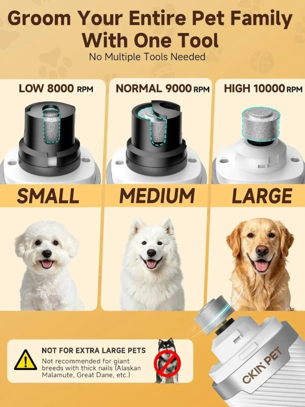 Quiet Electric Dog Nail Grinder with LED Lights, 3-Speed Rechargeable Pet